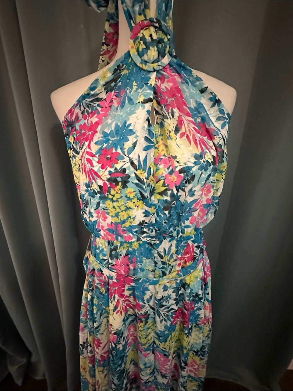 Anne Klein Floral Halter Midi Dress Blue Multi Tie Waist NWT Women's 12 - Picture 4 of 11